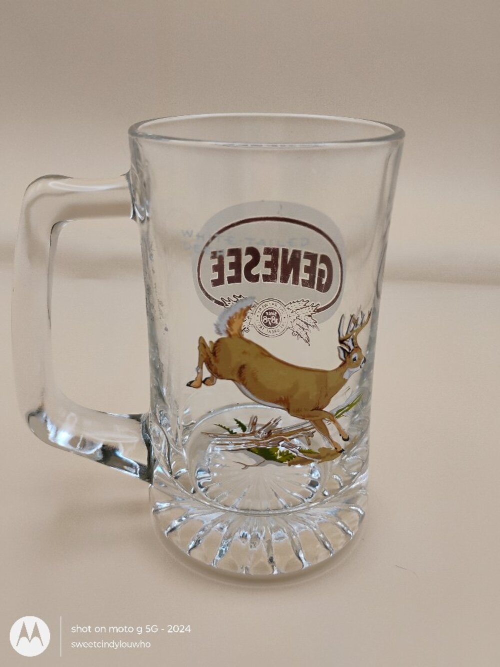 vintage clear glass Genesee Brewery beer stein with white tailed deer Ned Smith